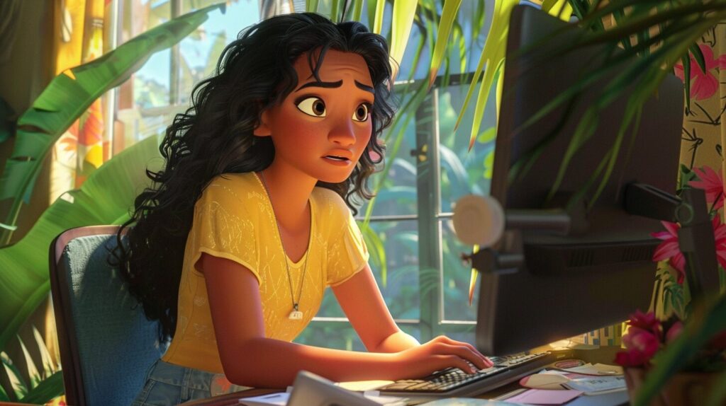 An animated woman looking at a computer screen