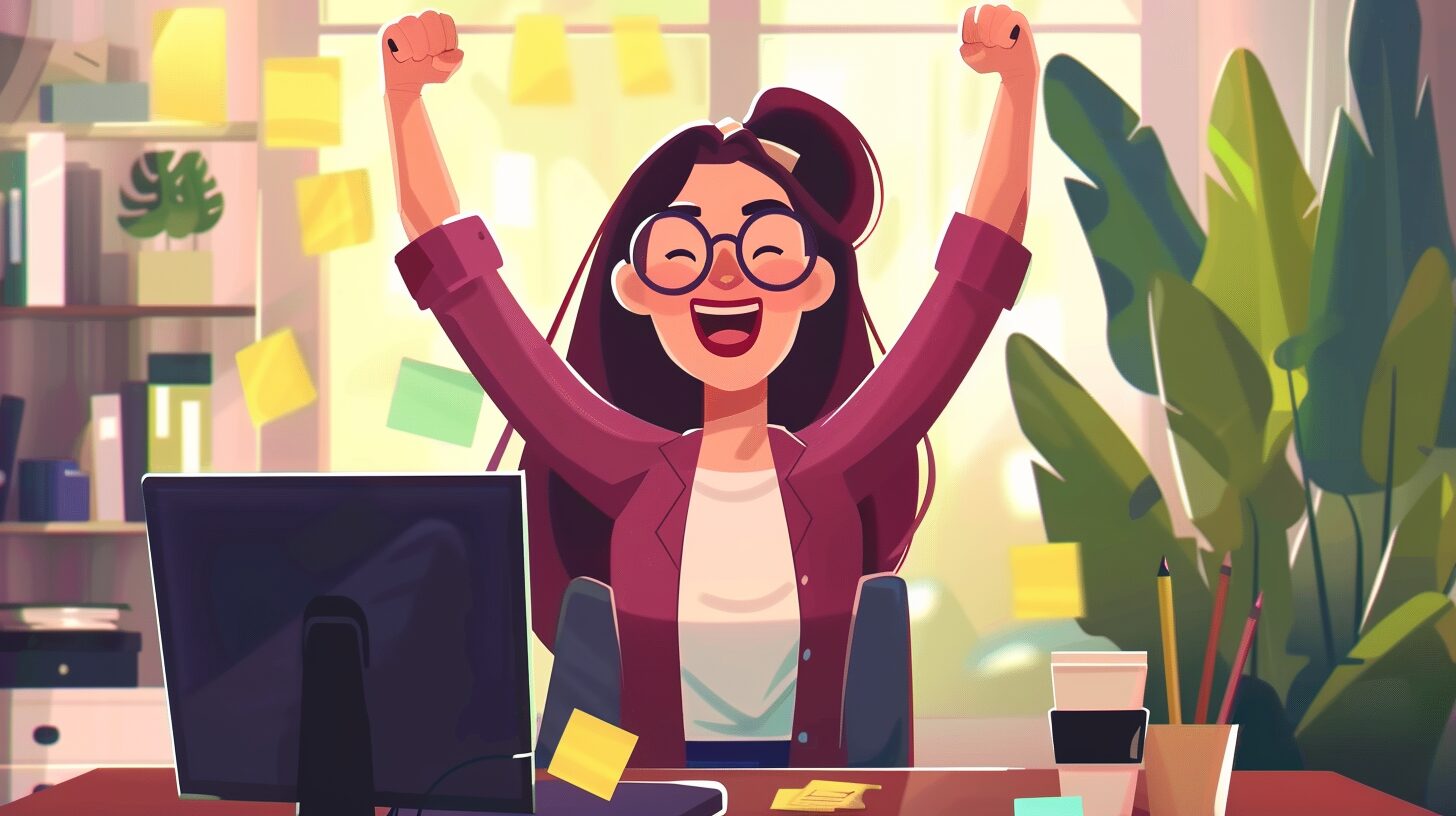 benchmedia_an_animated_business_woman_celebrating_at_her_offi_9c9fa71d-e773-46c6-b456-1598bc2c9987_1 A cartoon woman celebrating at her desk.