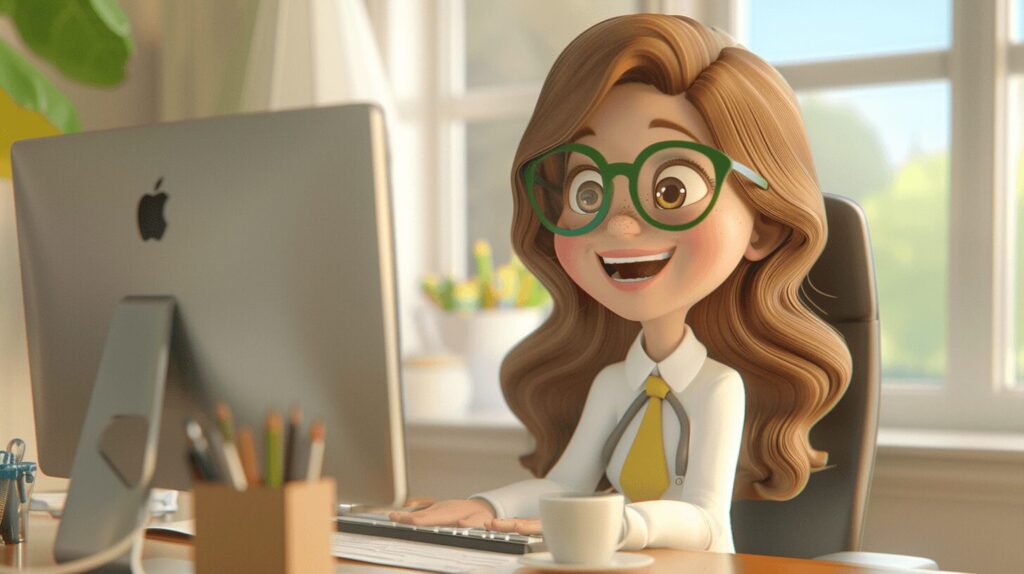 A 3d cartoon girl working at a computer