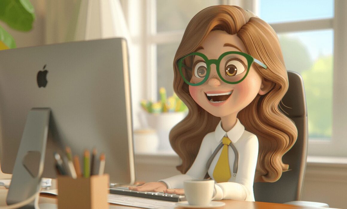 A 3d cartoon girl working at a computer