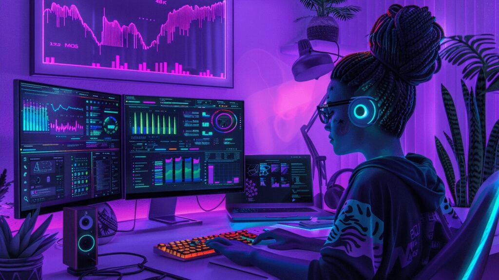 An animated woman sitting at her computer
